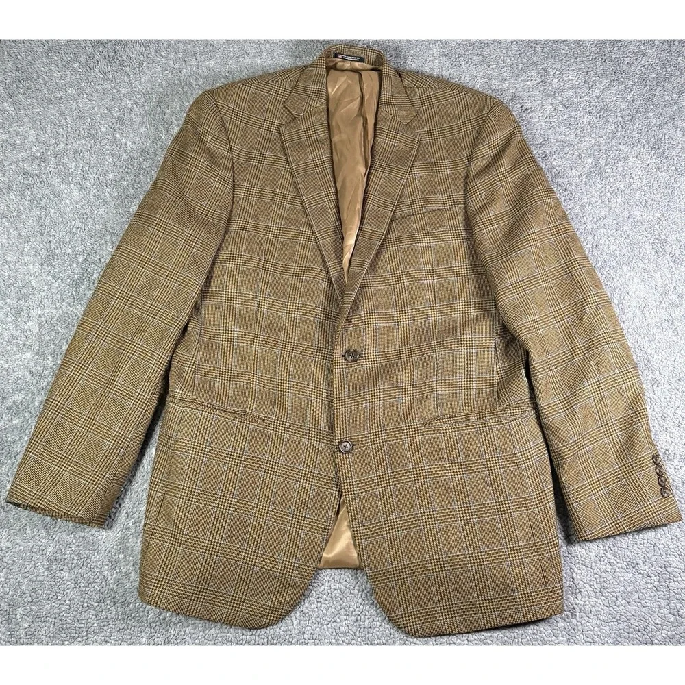 Hart Schaffner Marx 42L Wool Blazer Brown Glen Plaid Blue Overcheck USA 2-Button